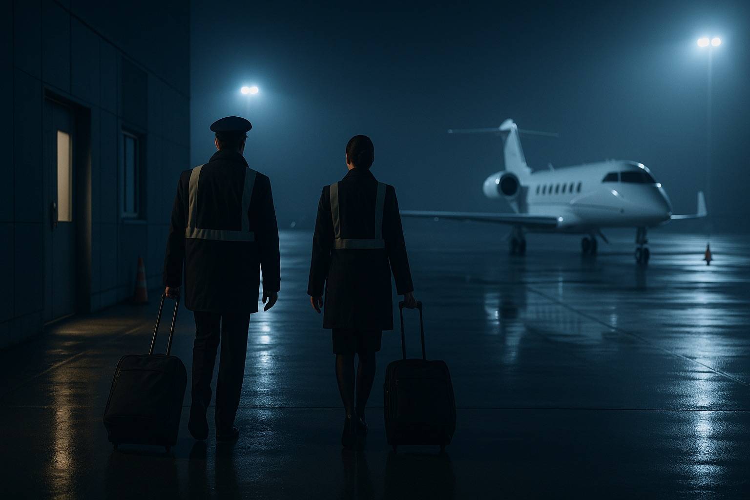 Aerial view of a midsize business jet on stand with teal cost overlays