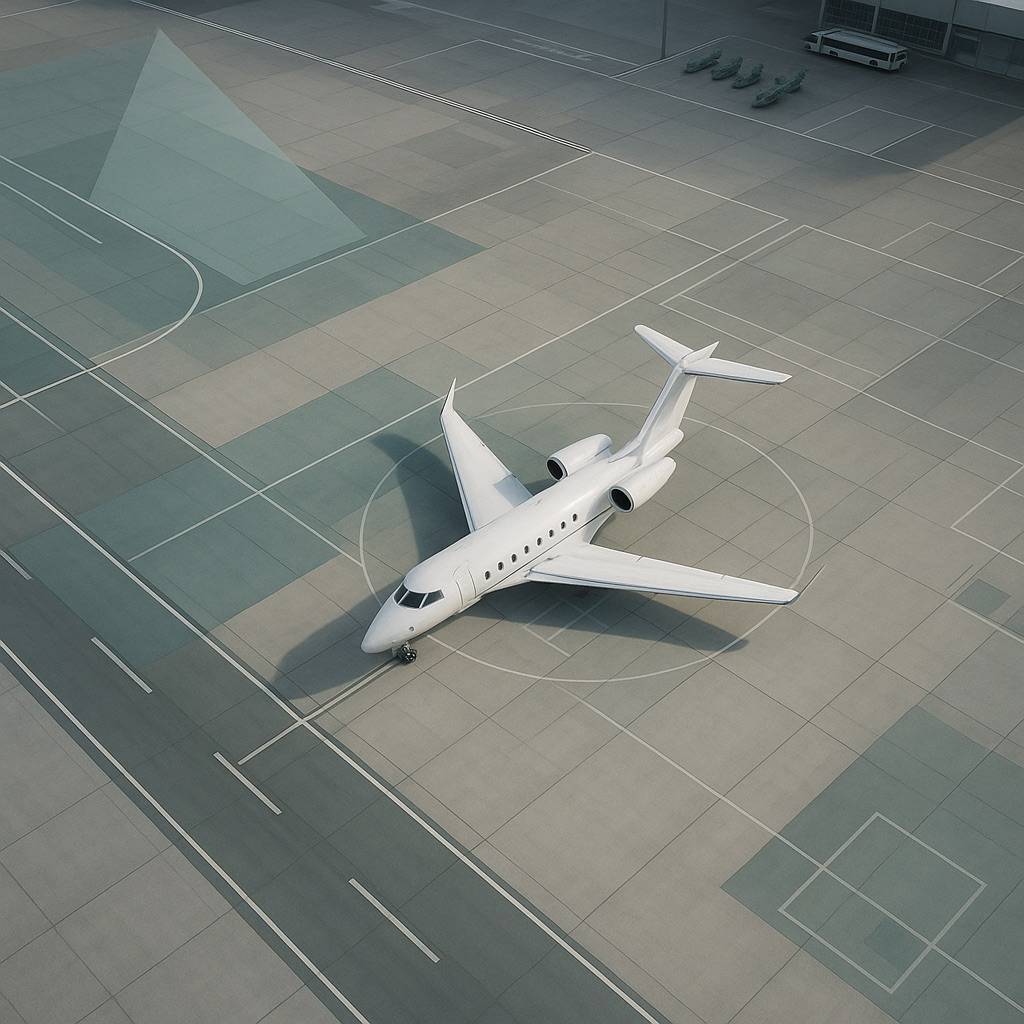 Two crew walking toward a business jet at night with overnight bags