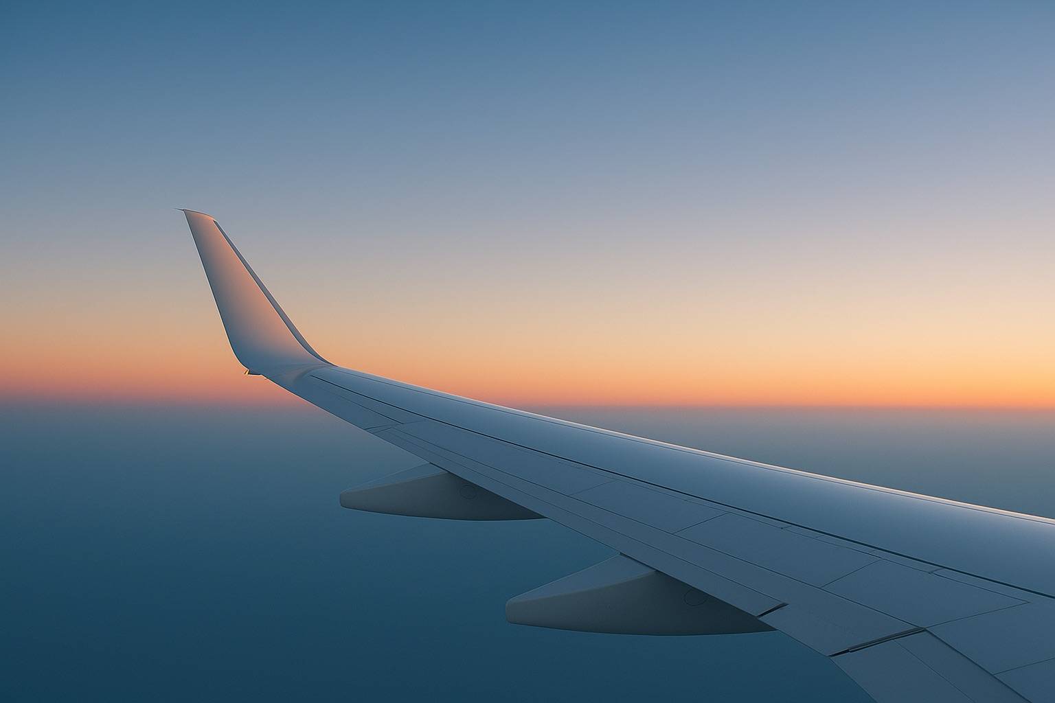 Business jet wing at sunrise above the clouds